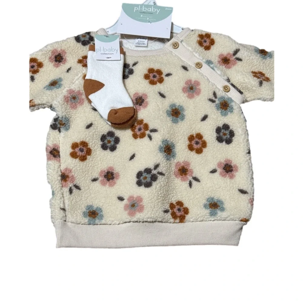 PL Baby Floral Fleece Baby Outfit with Pants Socks Set Polyester Size 24 Months